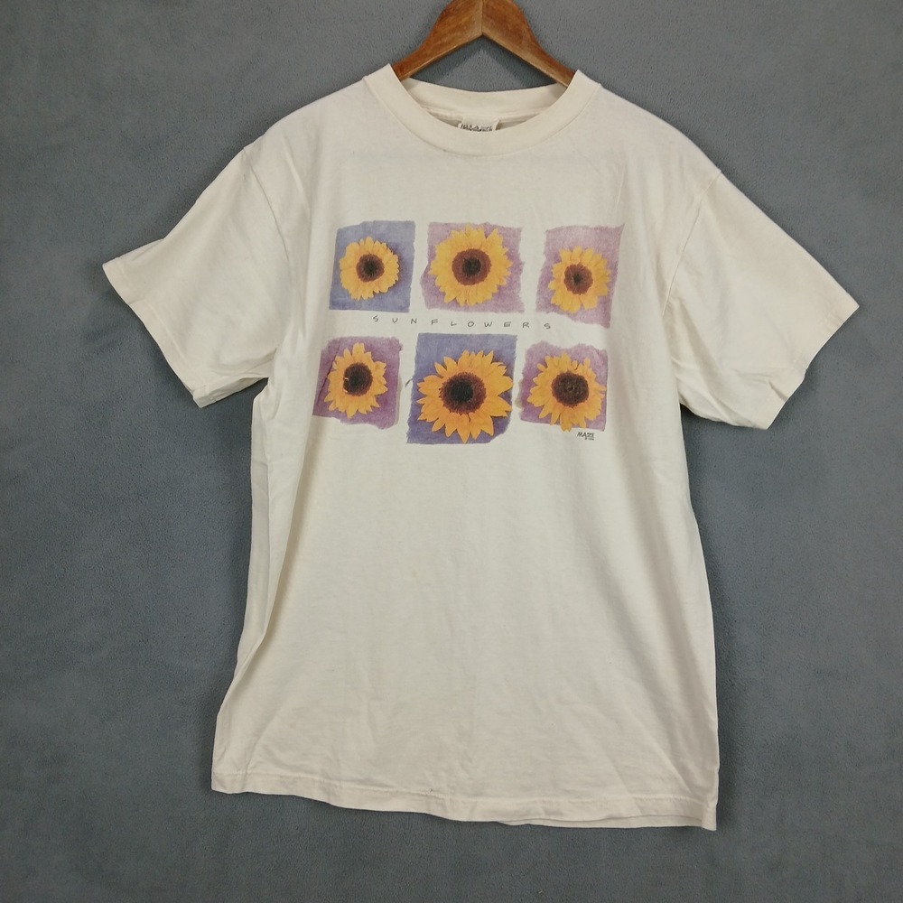 Vtg Maze T Shirt Mens Large Beige Cotton Sun Flowers Graphic Casual Crewneck